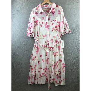 New Calvin Klein 16 Floral Crinkle Chiffon Tie-Sleeve Belted Midi Shirt Dress